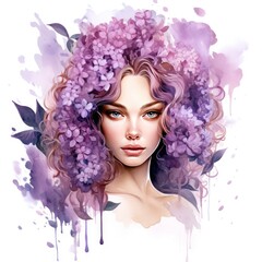 Lilac Flower Lady in Watercolor Clipart
