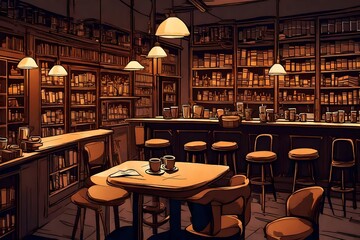 "Imagine a cozy coffee shop background with warm lighting, bookshelves, and people enjoying their drinks."-