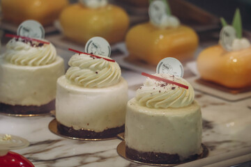 Beautiful French desserts in a pastry shop window in Beaulieu-sur-Mer, southern France