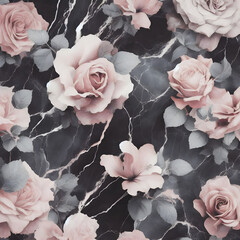 background from black, grey and white marble stone texture for design. With roses engraved on it