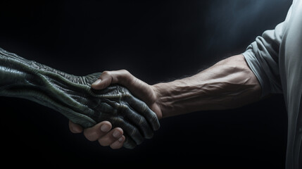 Human and black alien hands shaking isolated in a dark black background. Symbol of deal and collaboration between humanoid and extraterrestrial species of the galaxy - obrazy, fototapety, plakaty