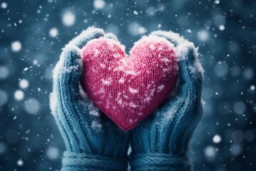 hands in knitted mittens shaping a heart from snow