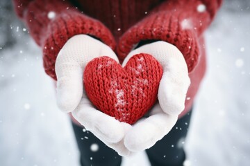 hands in knitted mittens shaping a heart from snow