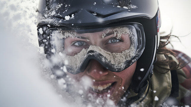 Frozen Thrill: Visualize a close-up shot of a snowboarder's face, showcasing the thrill and determination as they conquer a challenging snowy descent