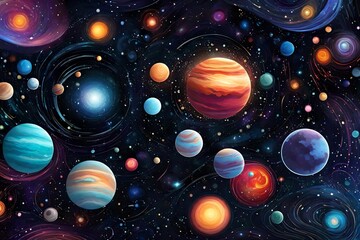Craft a dynamic outer space background with swirling galaxies, planets, and a cosmic array of colors."