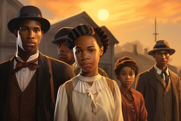 A group of african american people stand in a city, in the style of romantic depictions of historical events, southern countryside - obrazy, fototapety, plakaty
