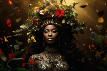 A black woman in dress and crown flowers surrounded by yellow, in the style of exotic atmosphere, zbrush, dark gold and red