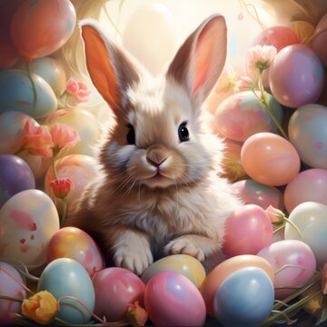 A Serene White Rabbit Surrounded by Colourful Flowers and Easter Eggs. A Rabbit Surrounded by a Pile of Colourful Easter Eggs