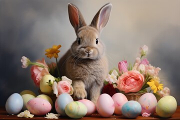 A Serene White Rabbit Surrounded by Colourful Flowers and Easter Eggs. A Rabbit Surrounded by a Pile of Colourful Easter Eggs