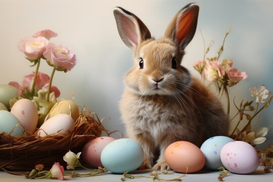 A Serene White Rabbit Surrounded by Colourful Flowers and Easter Eggs. A Rabbit Surrounded by a Pile of Colourful Easter Eggs
