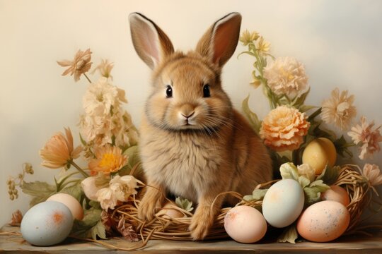 A Serene White Rabbit Surrounded by Colourful Flowers and Easter Eggs. A Rabbit Surrounded by a Pile of Colourful Easter Eggs