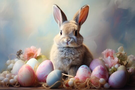 A Serene White Rabbit Surrounded by Colourful Flowers and Easter Eggs. A Rabbit Surrounded by a Pile of Colourful Easter Eggs