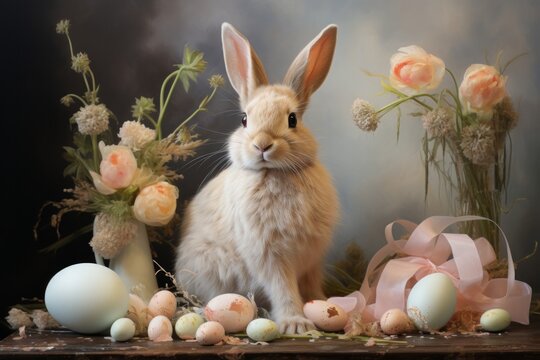 A Serene White Rabbit Surrounded by Colourful Flowers and Easter Eggs. A Rabbit Surrounded by a Pile of Colourful Easter Eggs