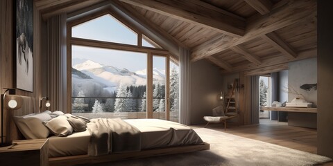 Bedroom interior in modern Swiss chalet with large window with beautiful snowy mountain landscape...
