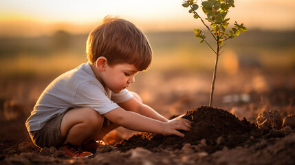 Little boy carefully plants tree sapling in ground of sunlight garden creating heartwarming scene of environmental care, embodying idea of growth and nurturing, little guardian of nature
