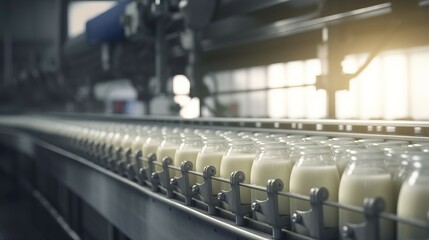 Rhythmic movement of milk bottle conveyor symbolizes streamlined process of dairy production, emphasizing efficiency and seamless flow of milk bottling, automation and productivity in dairy industry