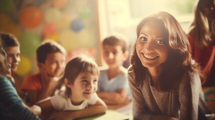 Handsome smiling woman teacher in children class radiates positivity while teaching fostering connection with children and making learning delightful experience, productive teaching methods