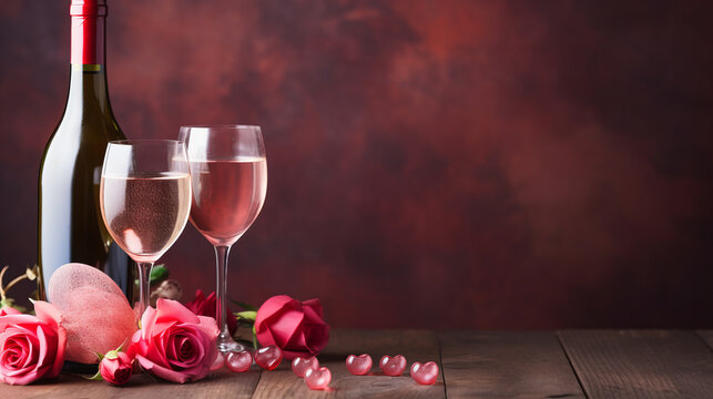 Valentine's Day background with champagne glasses, red roses and hearts. Romantic celebration of Valentine's Day. Generative AI.