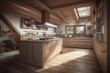 Fototapeta na wymiar Stylish wooden kitchen interior in modern Swiss chalet