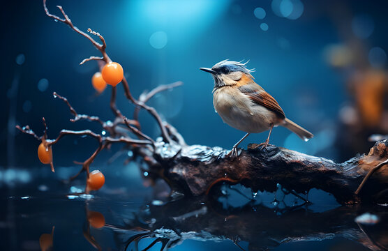 bird with its head underwater standing on a branch, in the style of raw materials, grzegorz domaradzki, motion blur, navy and beige, photo taken with provia, melting pots, rtx on