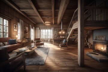 Interior of living room in traditional Swiss chalet.