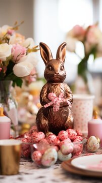 A Chocolate Easter Bunny Sitting on a Table Surrounded by Flowers. A chocolate bunny sitting on a Easter themed table next to some flowers