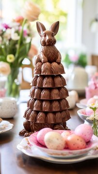 A Chocolate Easter Bunny Sitting on a Table Surrounded by Flowers. A chocolate bunny sitting on a Easter themed table next to some flowers