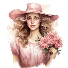 Pink Dress and Hat Renaissance Daisy Floral Lady in Vintage Watercolor Clipart