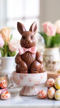 A Chocolate Easter Bunny Sitting on a Table Surrounded by Flowers. A chocolate bunny sitting on a Easter themed table next to some flowers