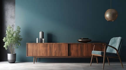 Contemporary living room with a blue carpet. Generative Ai