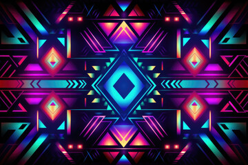 Aztec geometric pattern neon background in traditional ornamental ethnic style