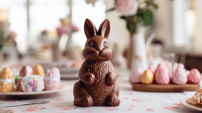A Chocolate Easter Bunny Sitting on a Table Surrounded by Flowers. A chocolate bunny sitting on a Easter themed table next to some flowers