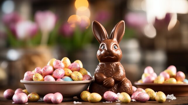 A Chocolate Easter Bunny Sitting on a Table Surrounded by Flowers. A chocolate bunny sitting on a Easter themed table next to some flowers