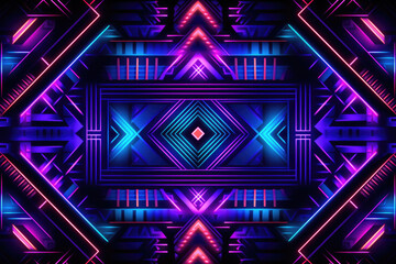 Aztec geometric pattern neon background in traditional ornamental ethnic style