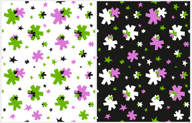 Cute Starry Seamless Vector Patterns.Irregular Hand Drawn Simple Print with Stars for Fabric, Wrapping Paper.Geometric Style Endless Design with Pink, Green Stars on a White and Black Background. RGB.