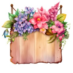 Welcoming Floral Hanging Wooden Sign Board Watercolor Clipart with Vibrant Flowers