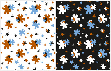 Cute Starry Seamless Vector Patterns. Irregular Hand Drawn Simple Print with Stars for Fabric, Wrapping Paper.Geometric Style Endless Design with Blue, Gold Stars on a White and Black Background. RGB.