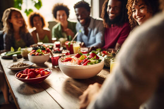 Vegan friends gathered around a table with healthy plant-based food