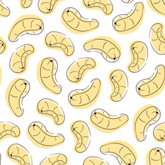 Cashew line art style seamless pattern. Outline hand drawn vector illustration. White background.