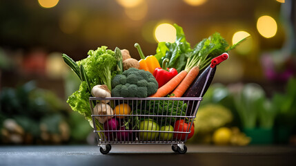 Grocery cart loaded with fresh veggies at the supermarket - obrazy, fototapety, plakaty