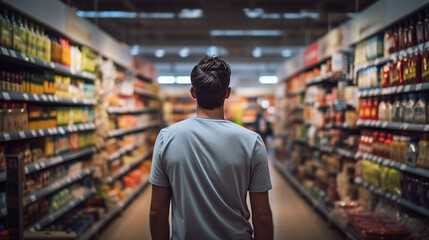 Fototapeta premium A casual style man in a supermarket, back view