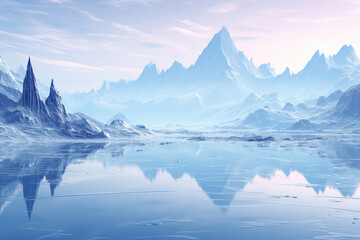 cold mountain morning landscape by the lake generative ai