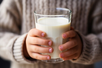 child hands holding a glass of milk generative ai