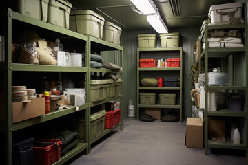 bunker bomb shelter warehouse room with supplies of necessary things generative ai