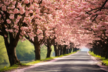 Naklejka premium blooming chestnuts tree along an empty road generative ai