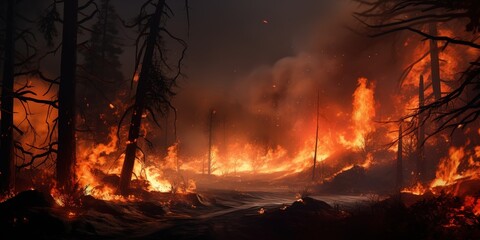 Flames engulf a forest, smoke and fire eating through the greenery.