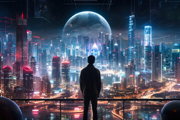 man in neon metropolis future world. generative ai