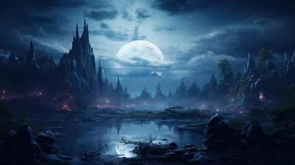 Tuinposter Enchanting Moonlit Forest on Alien Planet Thriving Flora & Fauna under Unfamiliar Moonlight © Usablestores
