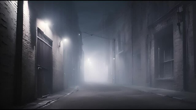 dark foggy night alley street - ghostly and spooky - dark night - AI Generated Video