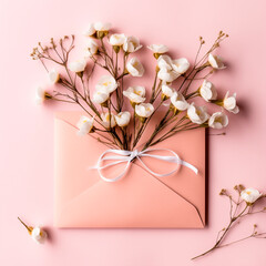 A card with flowers and hearts on a pink background.